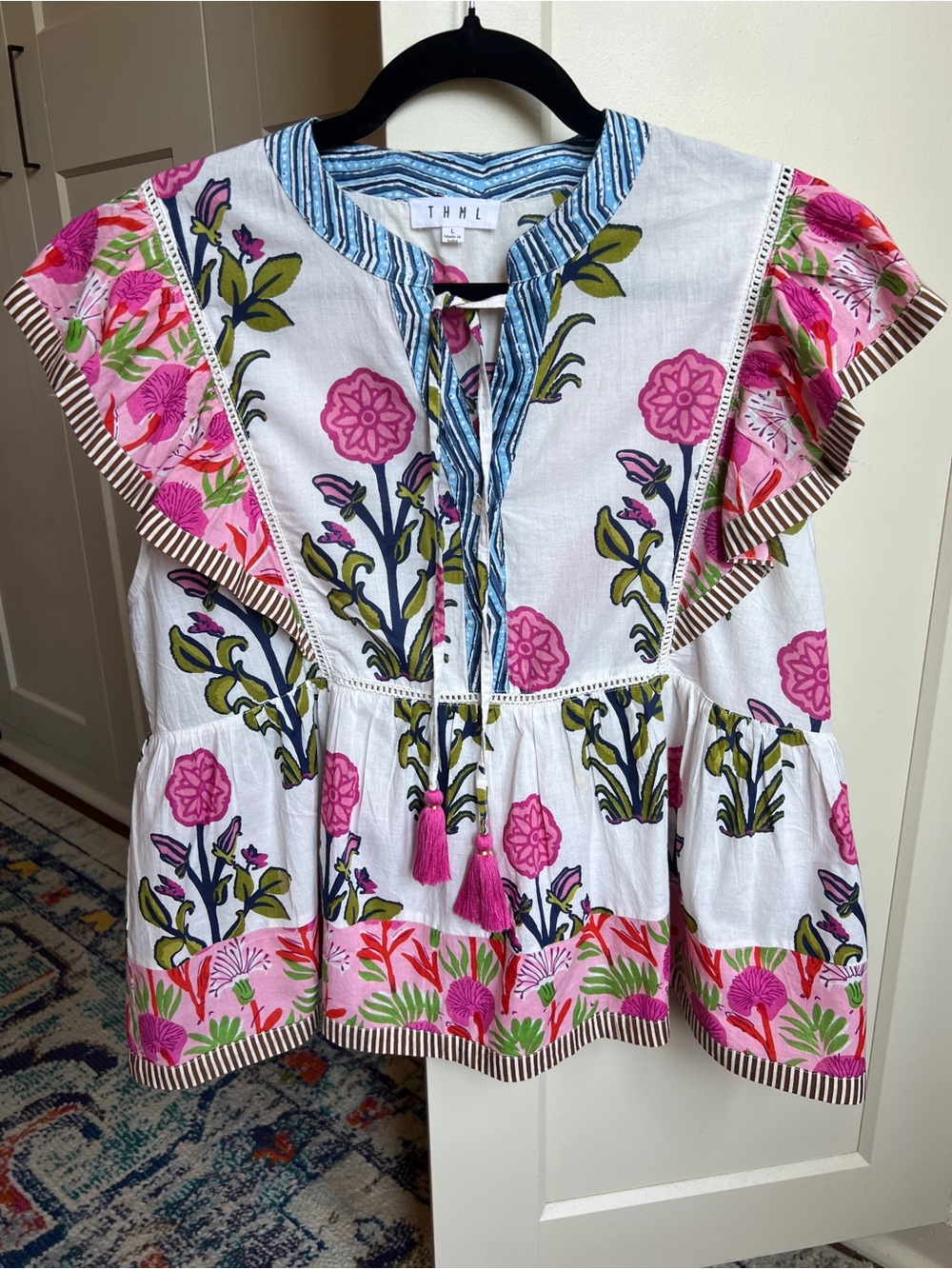 THML Block Print Mixed Pattern Flutter Sleeve Tassel Henley Top large